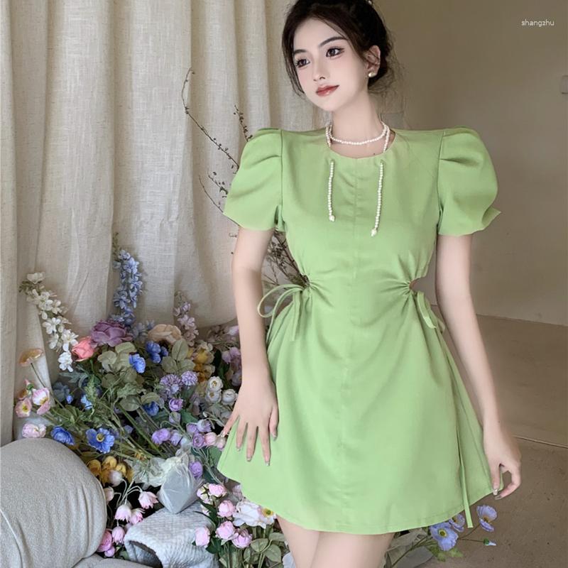 

Party Dresses Korean Puff Cuff Hollow Out With Pearl Chain Temperament A Word Women' Clothing Mini Dress Ladies Summer 2023, Green