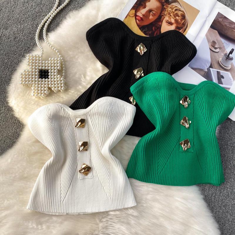 

Women's Tanks Knitted Strapless Camis For Women Summer Button Up American Retro Skinny Solid Colours Femme Corset Crop Tank Top Camisole, Black