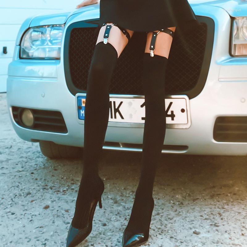 

Women Socks Knee Cotton Thigh High Over The Stockings With Heart PU Leather Leg Suspender Sexy Garters, Light coffee