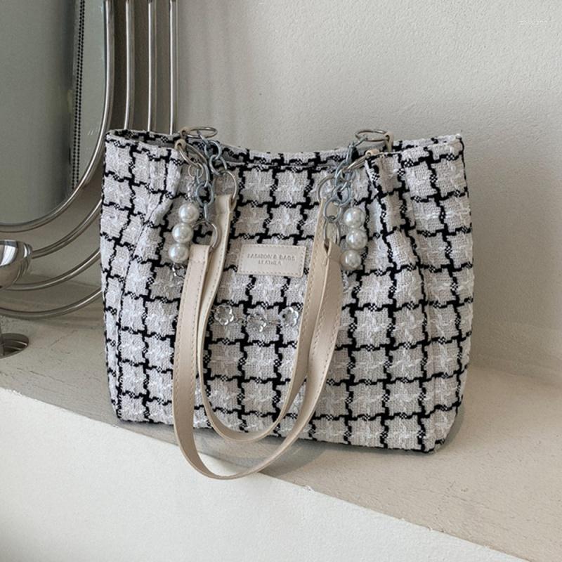 

Evening Bags Women Large Capacity Handbags Fashion Casual Shoulder Contrasting Colors Plaid Tote Canvas Chain Beading, Black