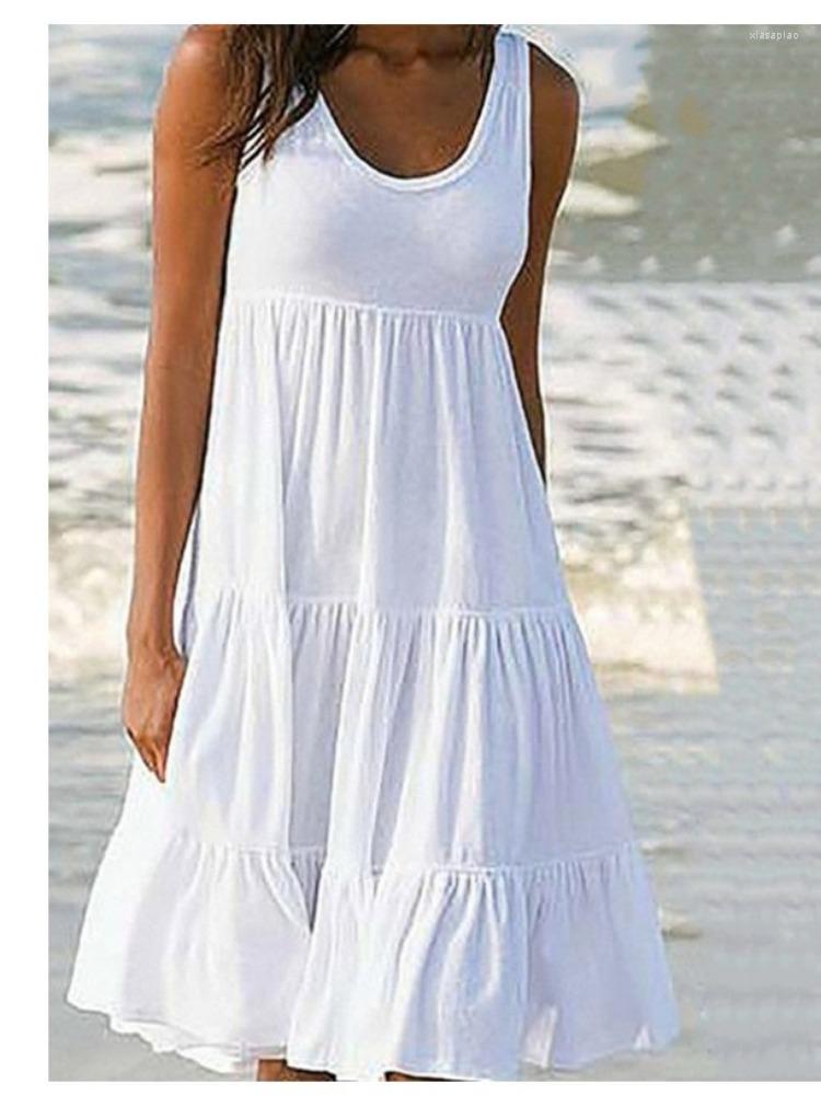 

Casual Dresses Oversized O Neck Sleeveless Ruffles Loose Beach Dress Women Boho Solid Color Plus Size Elegant Sundress Club Party Vestidos, White