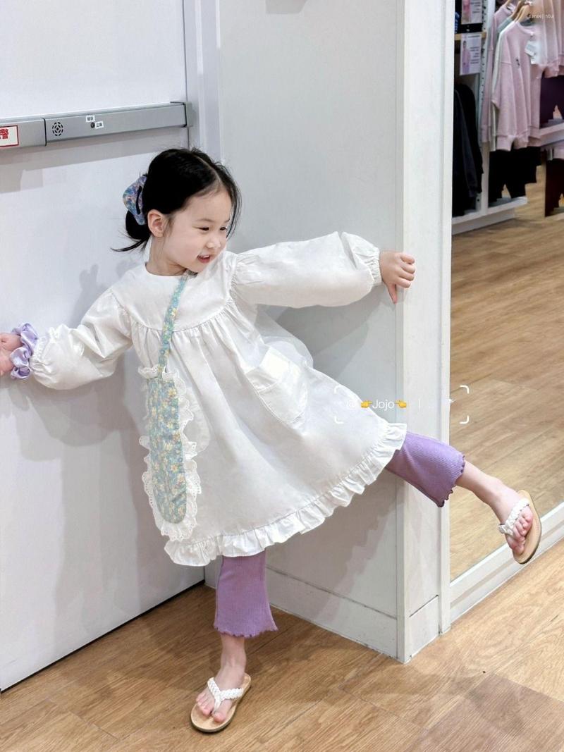 

Girl Dresses Dress Puff Sleeve A-line Knee Length Pullover Flare Pants Ankle Skinny Cotton Solid Soft Sweet Fashion Lovely Spring, Beige