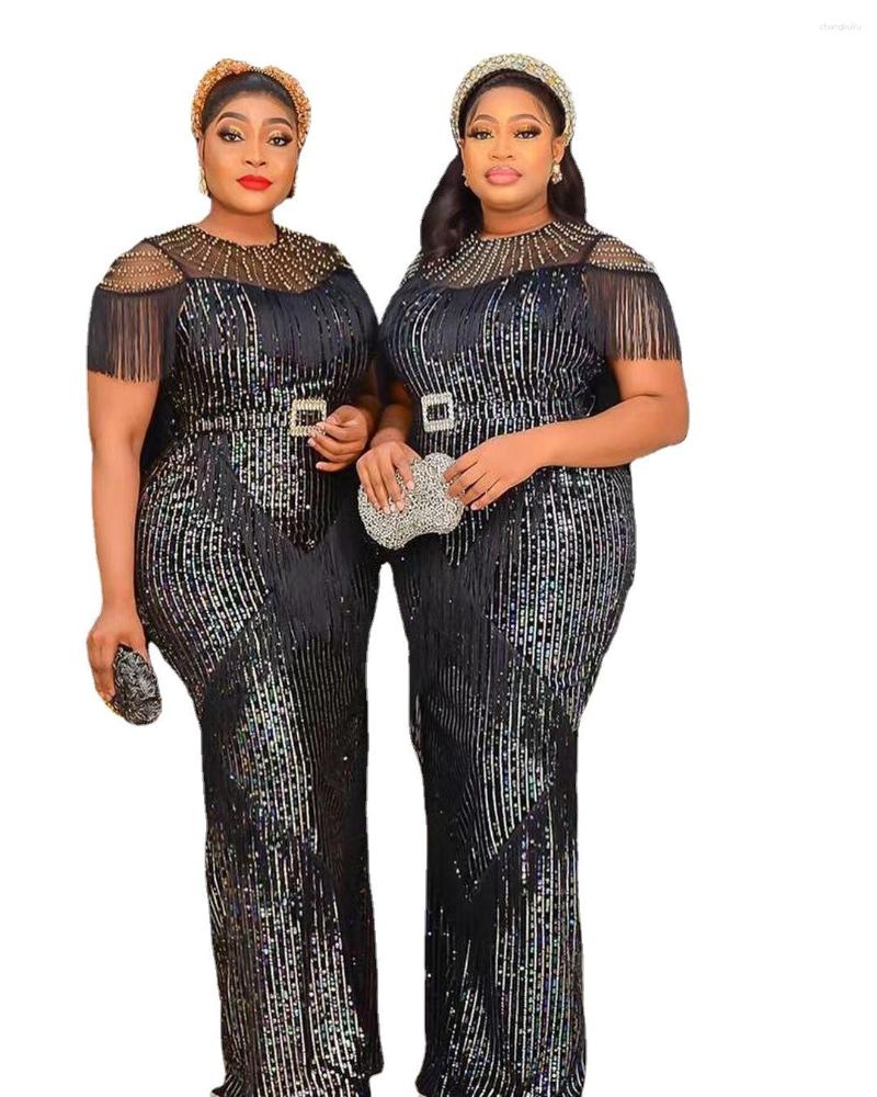 

Ethnic Clothing Summer Elegant African Short Sleeve O-neck Tassel Black Polyester Long Dress Maxi Wedding Party Dresses For Women