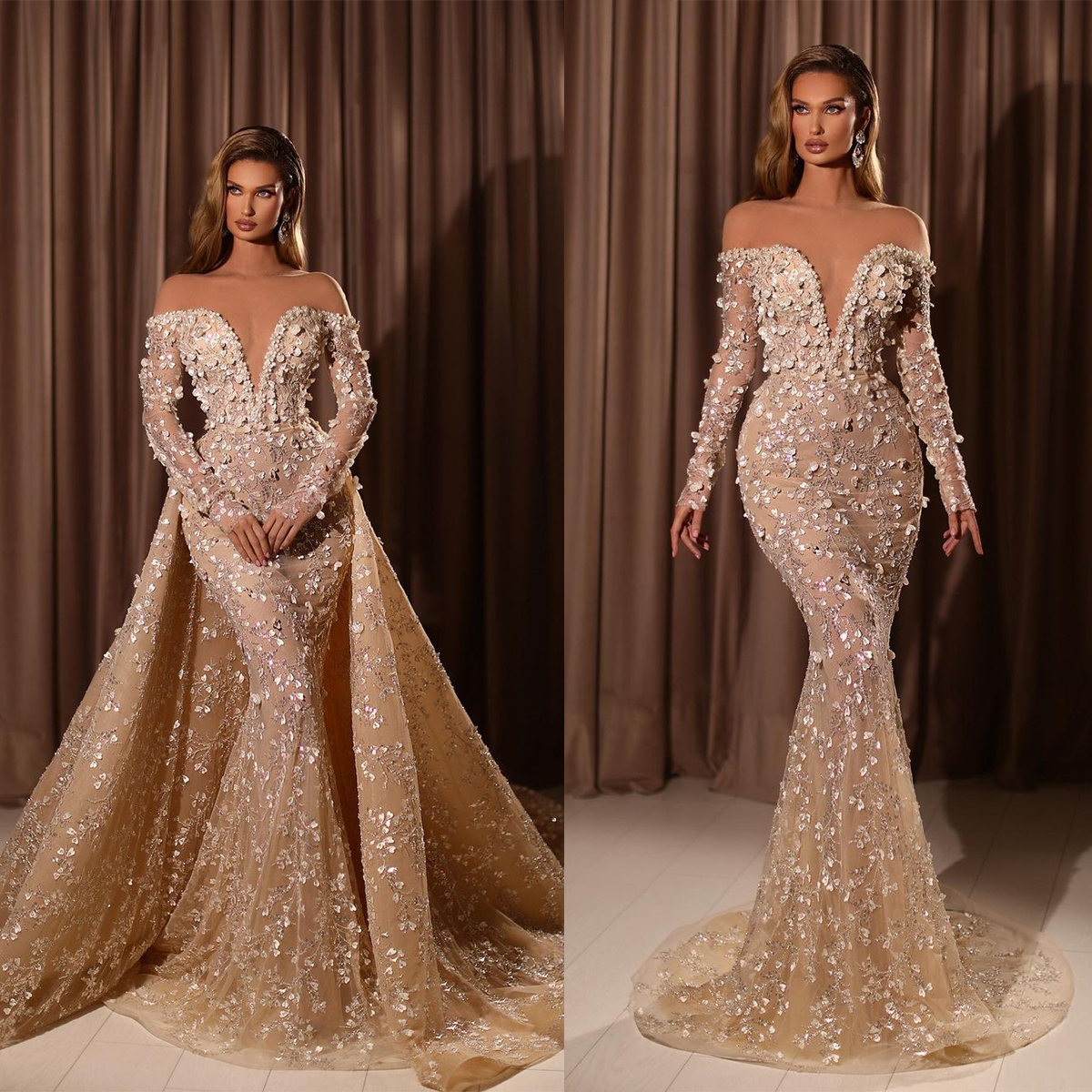 

Luxury Mermaid Wedding Dresses Sexy Off Shoulder Long Sleeves Detachable Train Robe De Mariee Appliqued Lace Bridal Gowns, Same as image