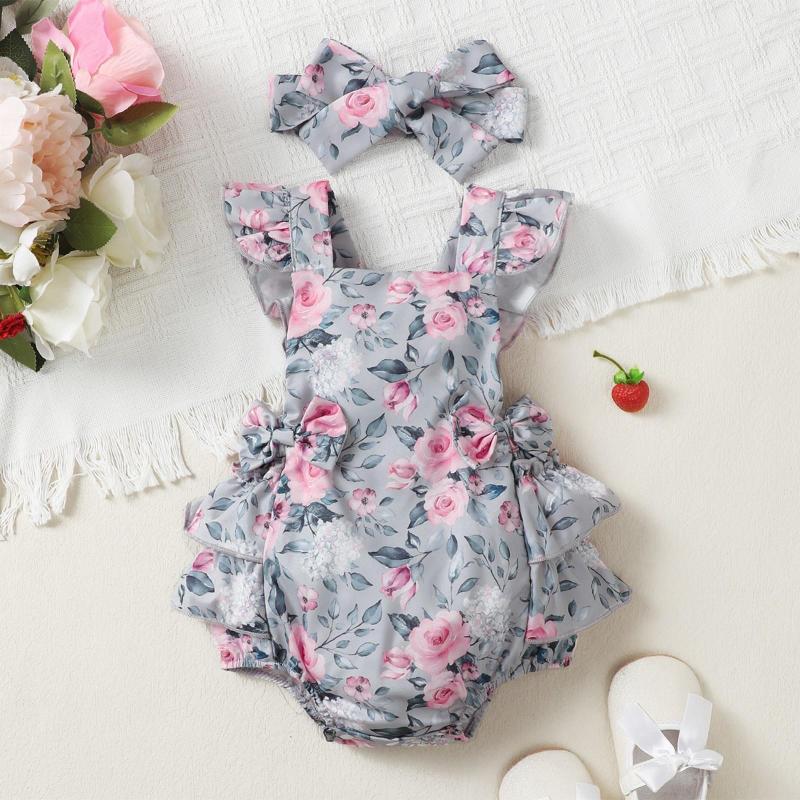 

Rompers Baby Girls Floral Princess Romper Infant Sleeve Ruffled Flower Printed Bowknot Jumpsuit Born Bodysuits Headband Outfits, Grey