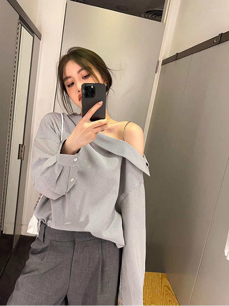 

Women' Blouses Korean-style Striped Sashes O Neck Off Shoulder Blouse, Gray