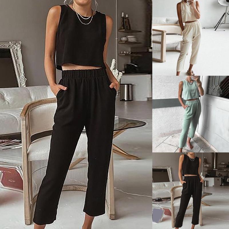 

Women's Pants Summer 2023 Women Cotton Linen Pant Set Crop Tops Solid Outfits 2 Two Piece Matching Fashion Sleeveless Casuals Tank, Black