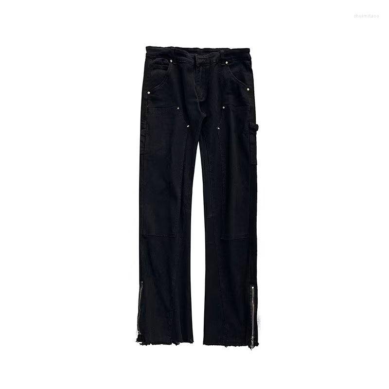 

Men' Jeans High Street Dark Men' Loose Straight Retro American Vibe Ragged Flare Wide Leg Pants, Black