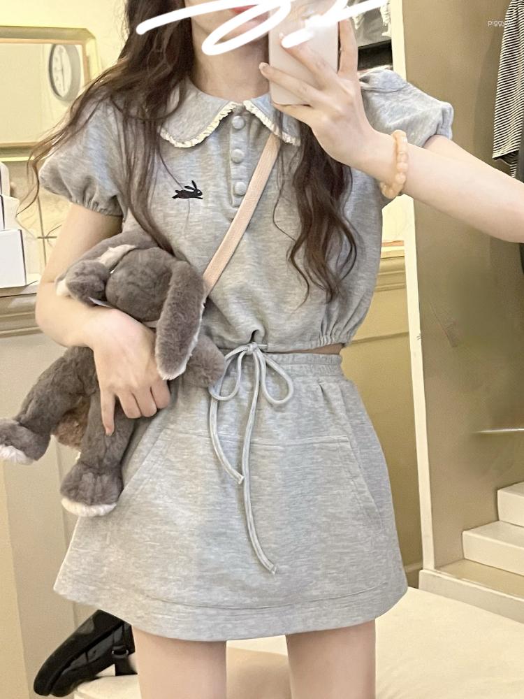 

Work Dresses Pink Japanese Kawaii Two Piece Set Women Solid Sweet Cute Skirt Suit Female Harajuku Puff Sleeve Blouse Mini Summer 2023, Gray