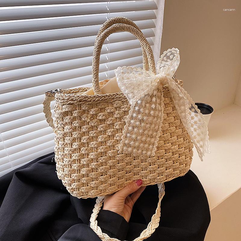 

Evening Bags Casual All Match Y2k Aesthetic Women's Handbags Sweet Crochet Lace Bow Crossbody High-capacity Vintage Trendy Shoulder, Khaki
