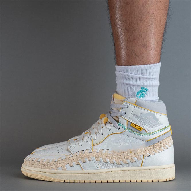 

2023 Release Authentic Union LA x 1 High OG Woven SP Sail Wolf Grey Muslin Pale Vanilla/Kinetic Green Metallic Gold Men Sports Sneakers With Original box FD2565-100