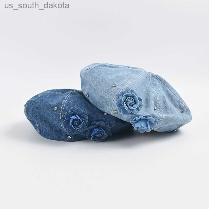

Korean Version of Rhinestone Denim Beret Ins Women's Fashion Versatile Simple Flower Painter Hat Niche Design Boina Casquette L230523, Light blue