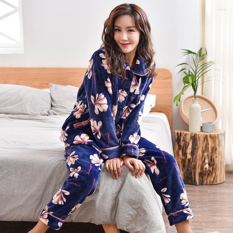 

Women's Sleepwear Women Pajamas Set Pajama Female Winter Thick Flannel Flower Print Warm Autumn Long Sleeve Full Trouse -3XL, 88213 royal blue