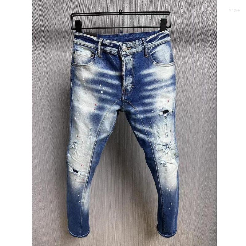 

Men's Jeans Men's Casual Trendy Moto&Biker Hole Spray Paint Fashion High Street Denim Fabric Pants A605