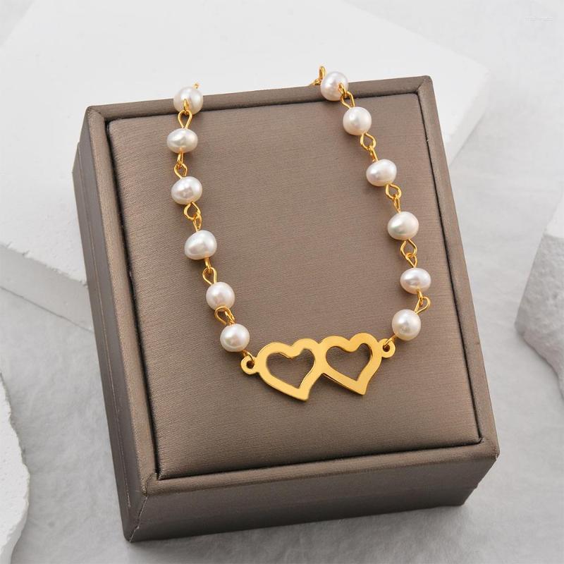 

Link Bracelets Natural Pearl Girl Bracelet Gold Color Plated Stainless Steel Chain Heart Charm Trendy Women Bangle Jewelry