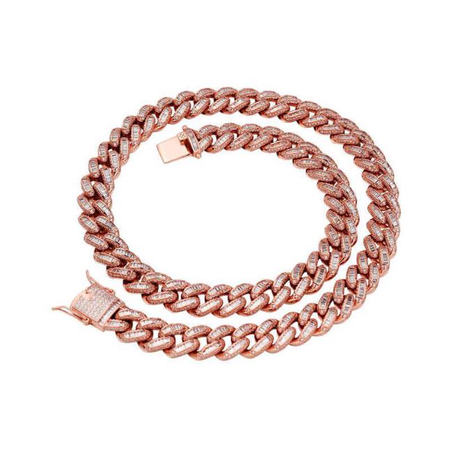 

men rapper rock punk 125mm real rose gold iced out pink cuban link chain fashion baguette necklace2106730