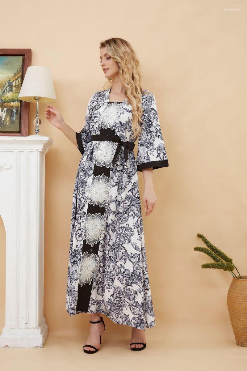 

Ethnic Clothing Muslin Dress With Belt Vintage Print Turkey Morocco Abaya Caftan Kaftan Middle Sleeve Dubai Summer Long Women