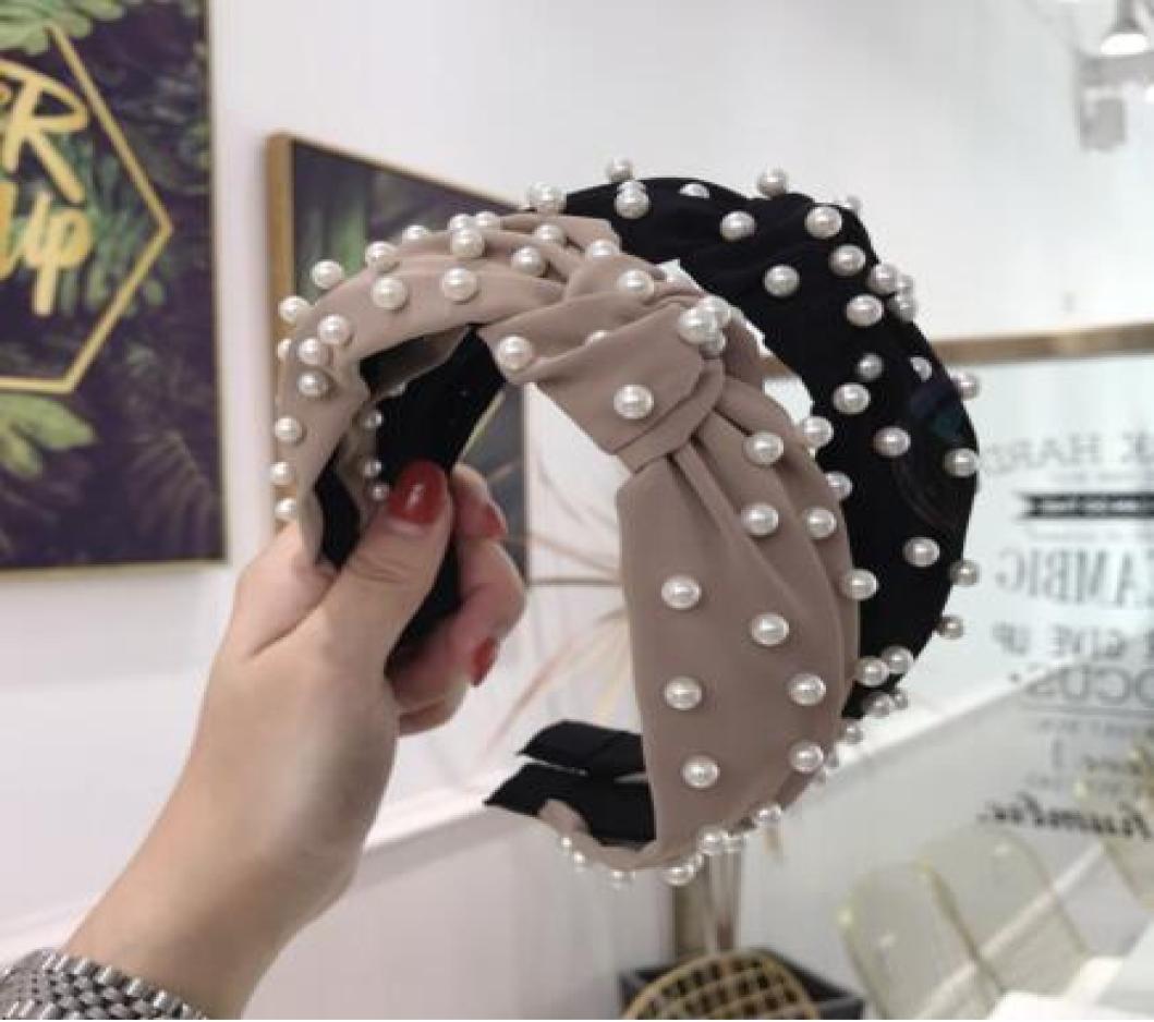 

New Fashion hair accessories women039s fabric solid color beaded beads full of knots widebrimmed headband headband girl hair b5383985