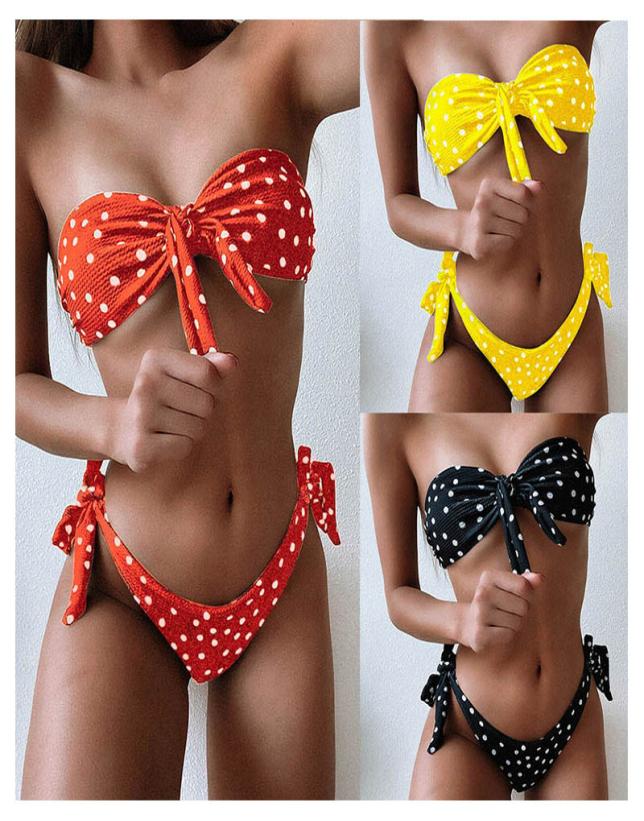 

Women Bathing Suits Summer Dot Printed Bow Swimsuit Lady Strapless Elastic Bikinis Set Female Two Piece Swimsuits 0504026536457