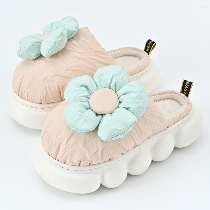 

Slippers 2023 Women Cotton Winter Warm Plush Lining Indoor Slipper Sweet Flower Decoration Down Cloth Vamp Bedroom Shoes Ks555, Sky blue