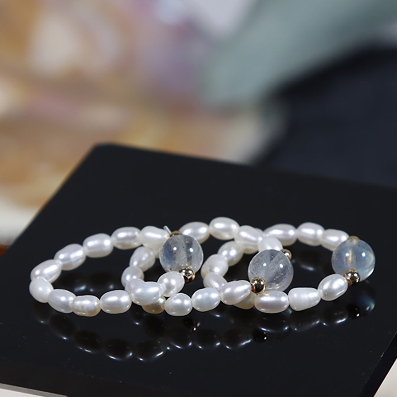 

Moonstone Natural freshwater pearl ring gold beaded elastic labradorite rings for women fashion jewelry