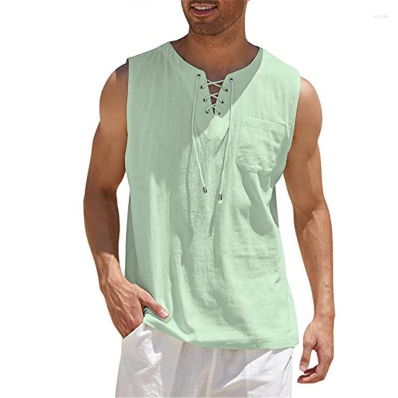 

Men's Tank Tops Cotton Linen Men's Vest Summer Solid Color O-Neck Casual Beach Style Sleeveless Top Undershirt Plus Size, Camel color