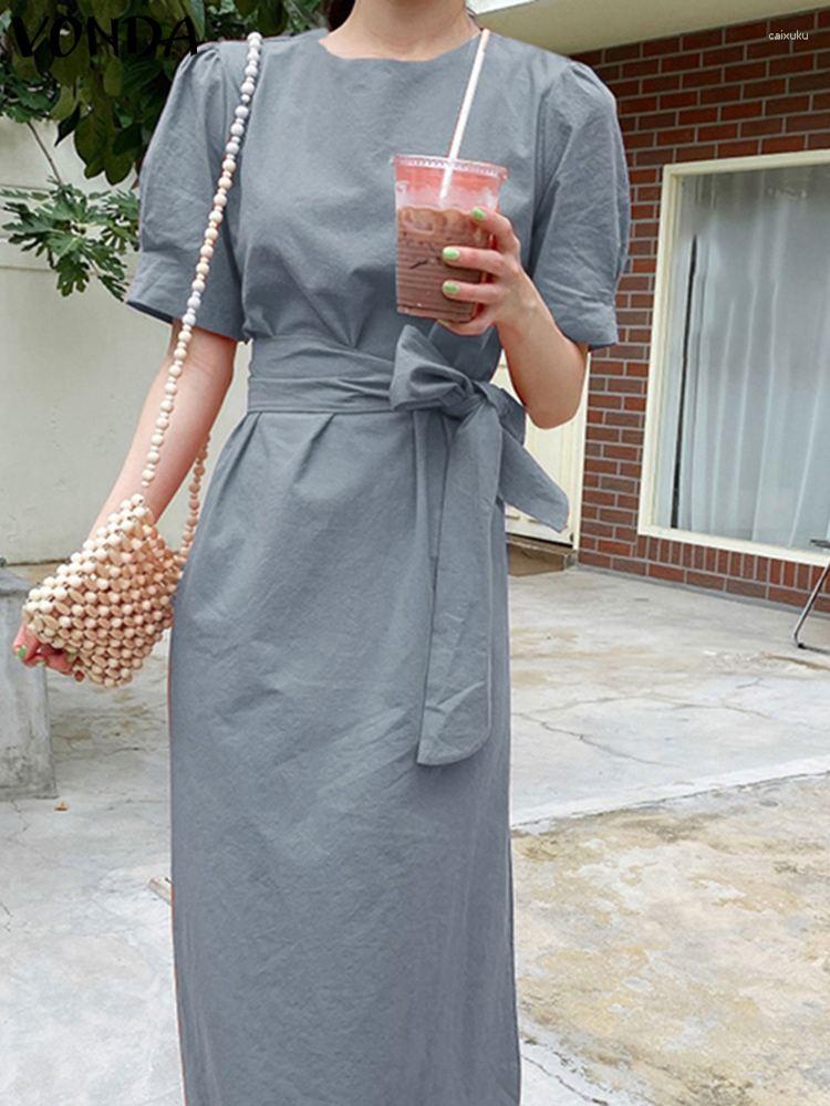 

Party Dresses Women 2023 VONDA Elegant Office Dress Summer Sundress Short Puff Sleeve Casual Belted Solid Color Vestidos, Brown