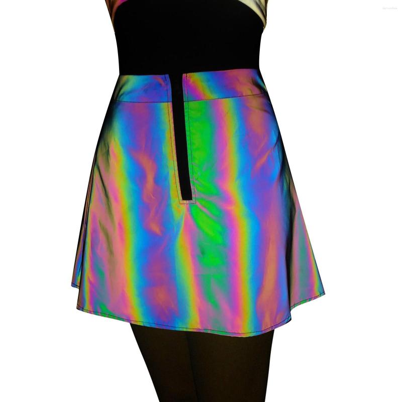 

Skirts Women Summer Vintage Fashion Solid Color Glow Rainbow Hip Hop Print Zipper Up Miniskirt Evening Dance Party Skirt, Black