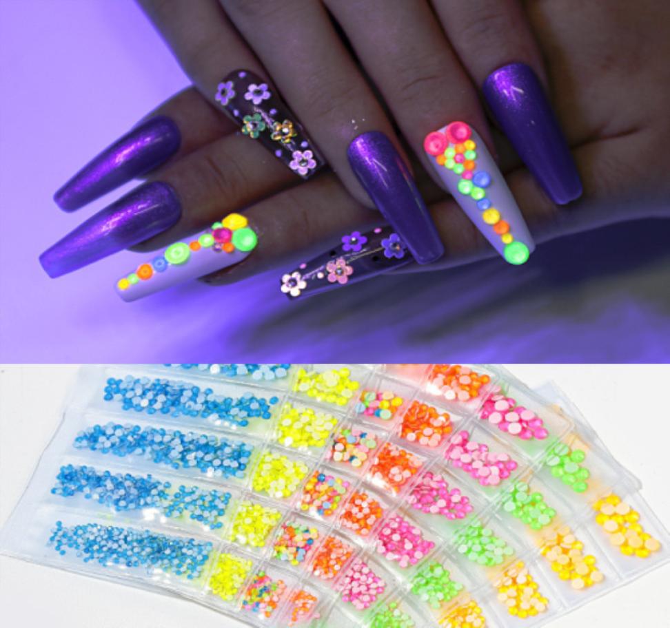 

DHL 7 Grid Mix Size Fluorescent Nail Rhinestone Neon Crystal Gems Nails Art Decorations 3D Diamond Stone DIY Gel Polish A7854694, Light yellow