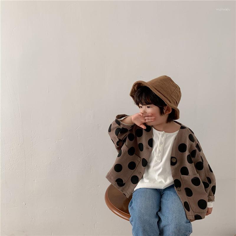 

Jackets Spring Autumn Kids Loose Dot Casual Long Sleeve Cardigans Boys Korean Style Oversized Otton Linen Coats, Coffee