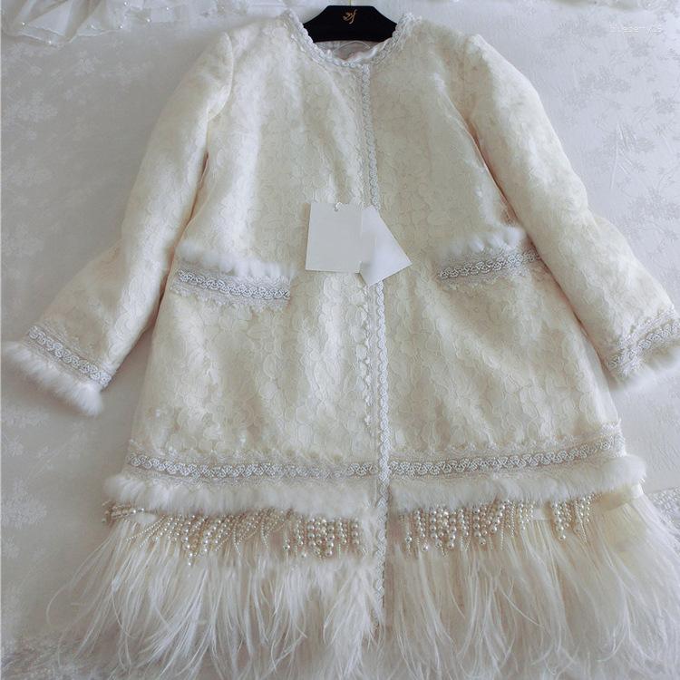 

Women' Jackets Cakucool Women Winter Autumn Jacket Feathers Lace Hollow Out Pearl Beading Outerwear Slim Cute Cotton Liner Lolita Coats, White