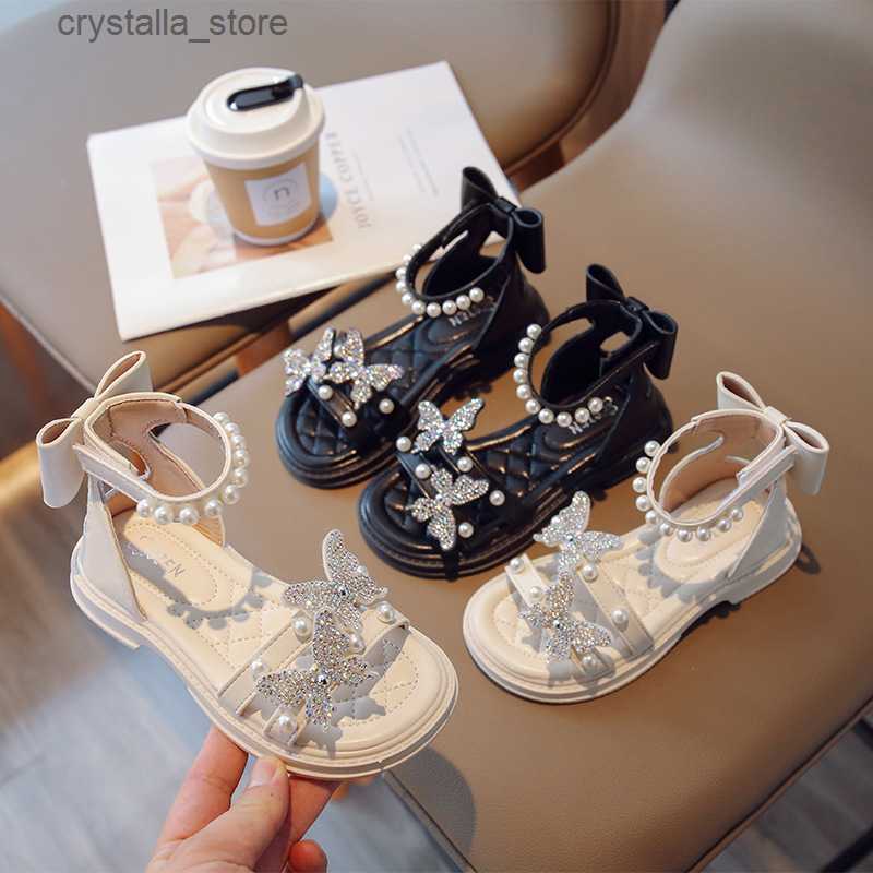 

Summer Childrens Girls Rome Princess Sandals Rhinestone Crystal Bow Soft Shoes Non-slip Breathable Fashion Kids Pearl Sandals L230518, White