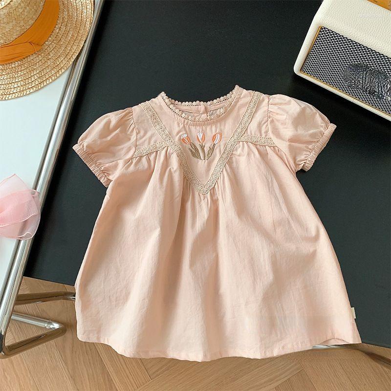 

Girl Dresses 2023 Summer Kids Girls Dress Short Sleeve Floral Embroidery Lace Baby Princess Sweet Children, Light pink