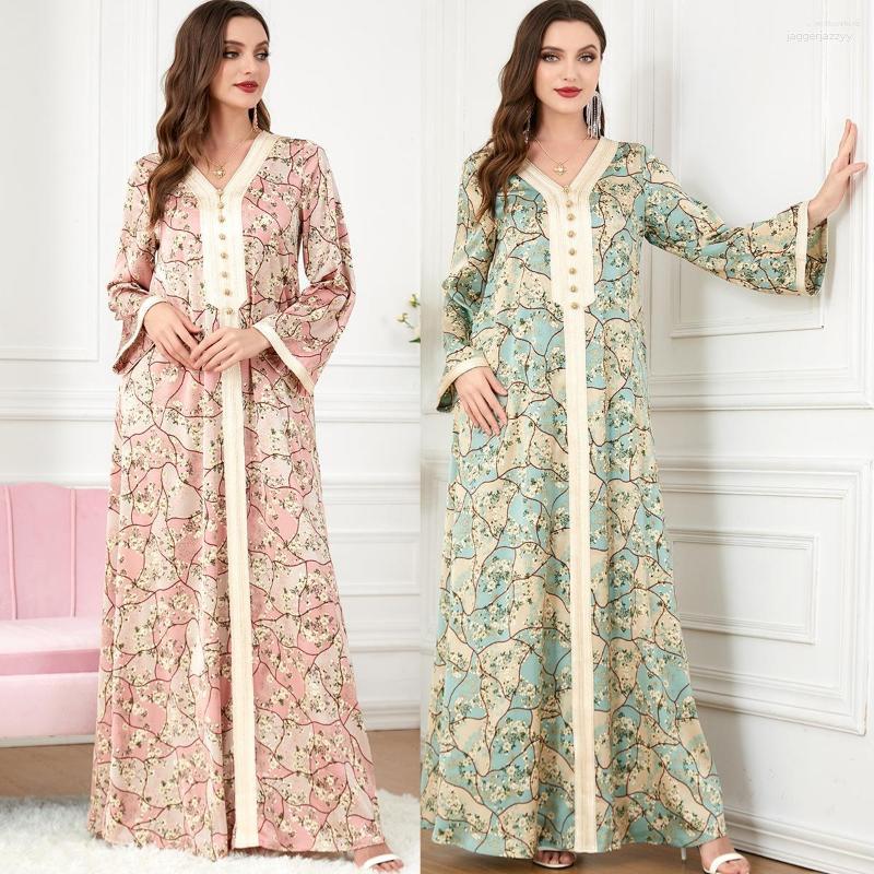 

Ethnic Clothing Abayas Dubai Floral Print Button Elegant Women Dress Turkey Arabic Oman Moroccan Caftan Muslim Fashion Female Clothes