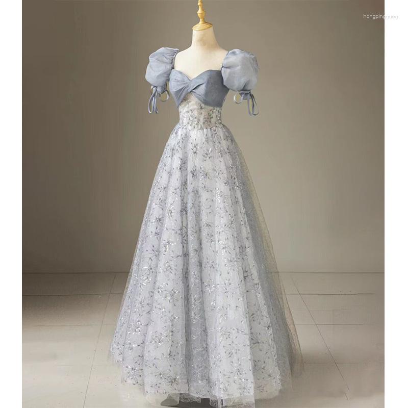 

Ethnic Clothing Silver Gray Sexy Puff Sleeve Back Bandage Embrodiery Chiffon A-Line Evening Dresses Women Formal Bride Party Gown Vestidos