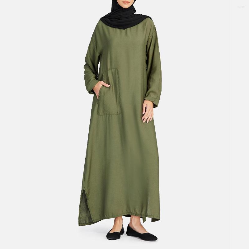 

Ethnic Clothing Long Casual Loose Retro Dress Women Islamic Fashion Abaya Lady Robe Femme Musulmane Solid Color Pockets Plus Size S-5XL