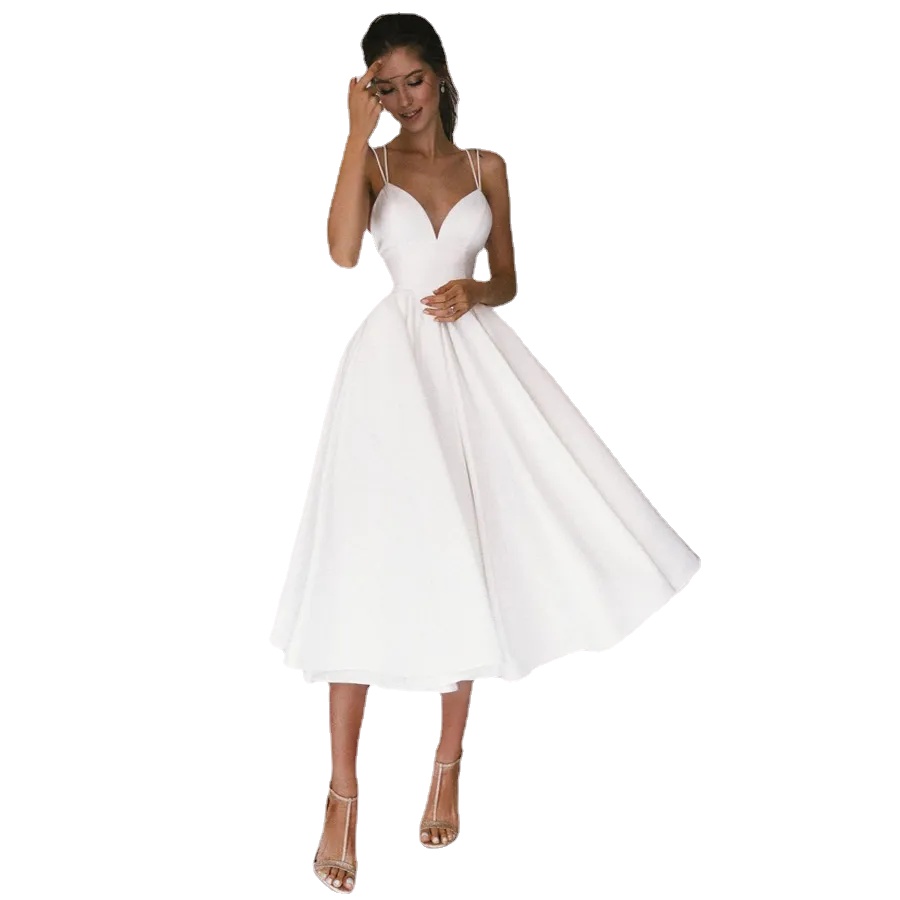 

Sexy Short Wedding Dress Thin Straps Criss Cross Simple V Neck Satin Bridal Dresses A Line Vestidos De Noiva Bride Gown, White