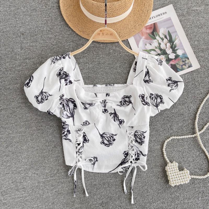 

Women's Blouses Women Chic Puff Short Sleeve Print Pleated Blouse Slim Elegant Korean Fashion Crop Top Sexy Summer Shirt, White