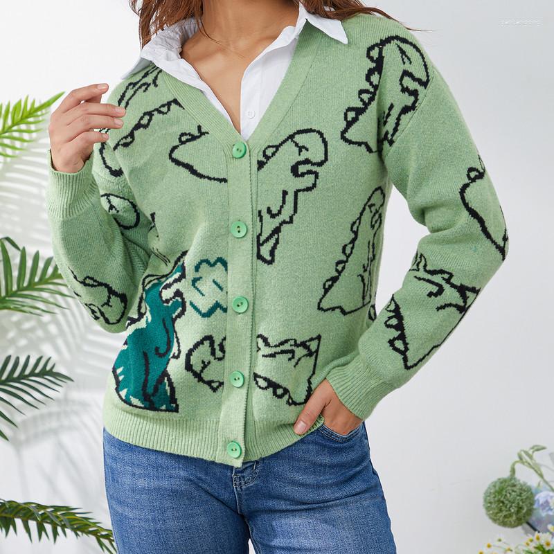 

Women' Knits Female Clothing 2023 Sweater Fall Winter Knit Dinosaur Print Cardigans Coats Korean Fashion Vintage Long Sleeve Top Streetwear