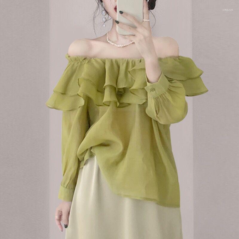 

Women' Blouses Korean Elegant Sweet Lyocell Blouse Fashion Autunm Off Shoulder Ruffle Slash Neck Long Sleeve Shirt Plus Size Spring Tops, Ivory