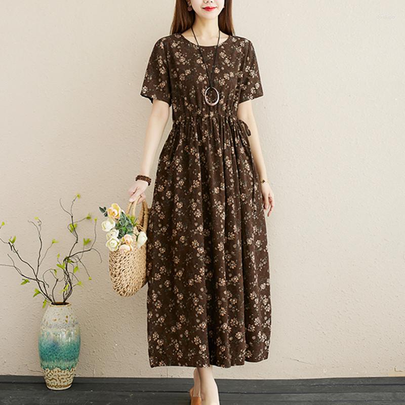 

Party Dresses 2023 Arrival Linen Cotton Loose Long Summer Dress Print Floral Draw String Slim Women Travel Casual Midi Vintage, Black