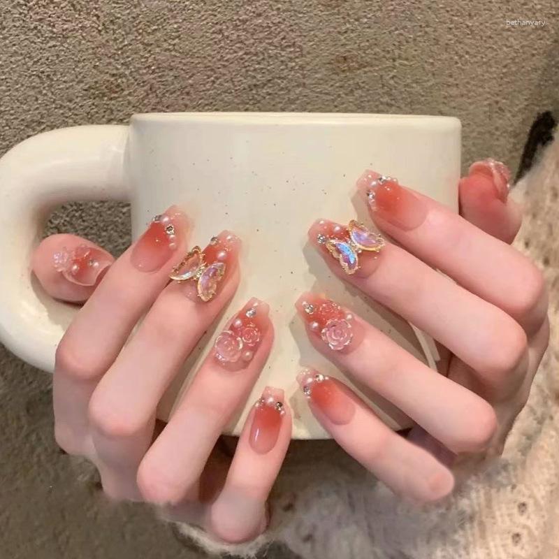 

False Nails 24pcs Fairy Butterfly Decor Nail Patch For Women Girls Sweet Korean 3D Flower Design Fake Tips Artifical