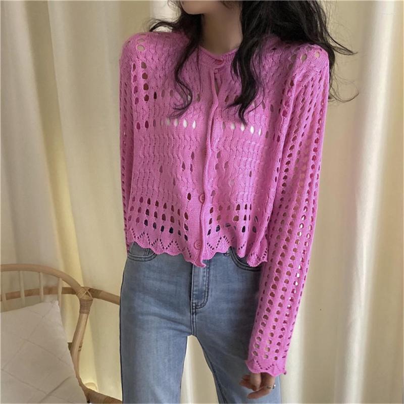 

Women's Knits Knitted Women Korean Tops Elastic Jacket Full Girl Autumn Blouse Cropped Basic Cardigan Mesh Summer Fashion Thin Sleeve, Fuchsia