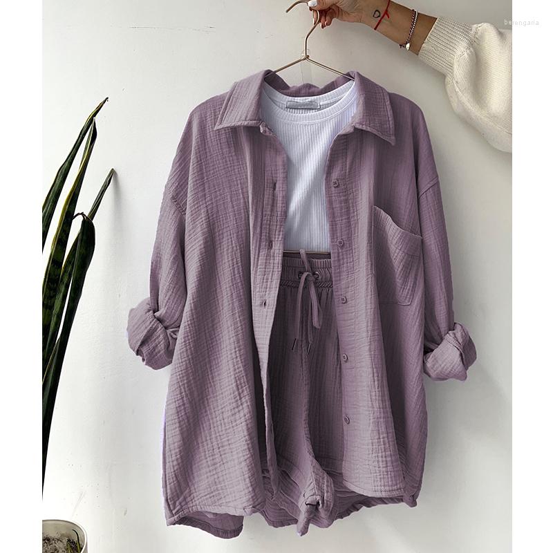 

Women's Shorts 2023 Two-piece Women's Lapel Long Sleeved Pleated Shirt Drawstring High Waisted Casual Set, Lavender