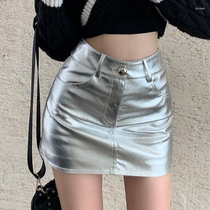 

Skirts Sexy Pu Leather Mini Skirt Women Summer Hip Slim High Waist A Line Female Vintage Y2K All-match Streetwear Silver