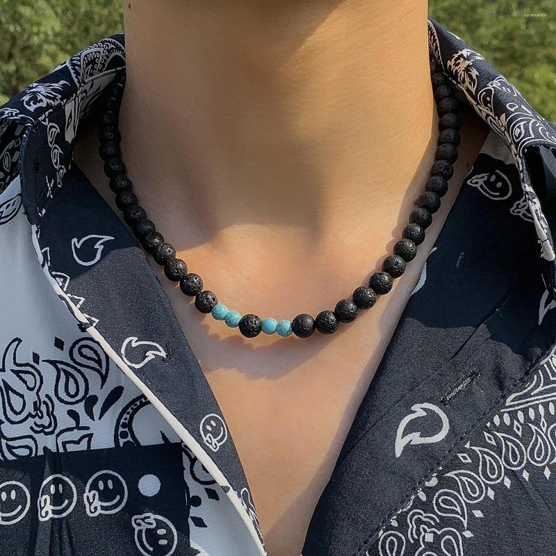 

Chains Fashion Design Black Volcano Stone Panel Turquoise Necklace Men Simple Punk Hip Hop Sweater Jewelry