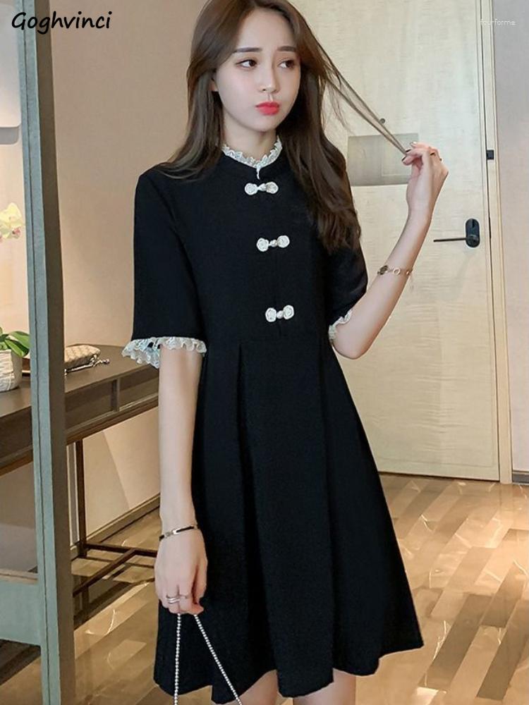 

Casual Dresses Short Sleeve Dress Women Retro Lace A-line Mini Design Patchwork High Waist Kawaii Elegant All-match College Stylish Ulzzang, Black