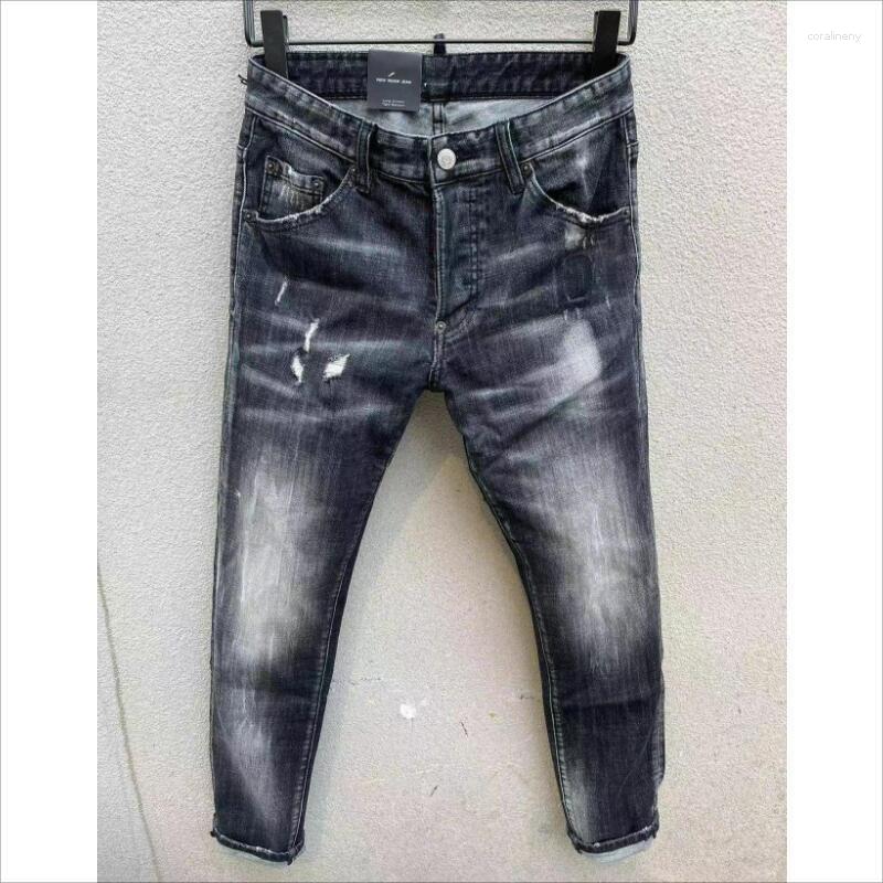 

Men's Jeans Men's Trendy Casual High Street Wear Cotton Denim Fabric Pants Letter Slim Hole Spray Paint 105#, 105