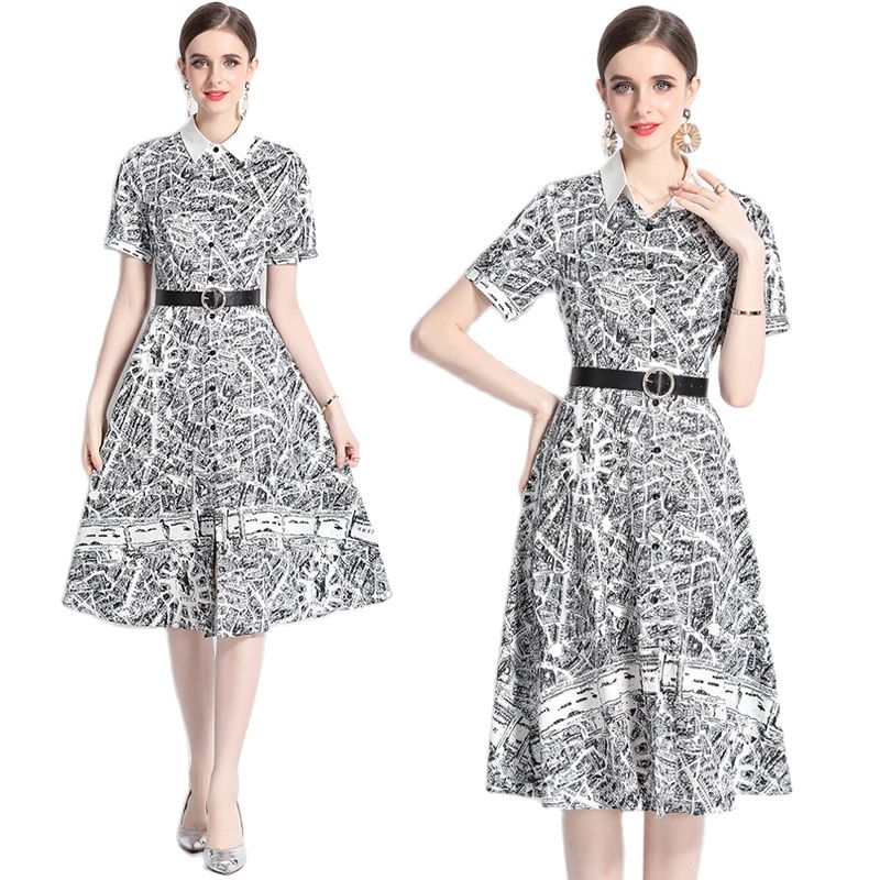 

Summer Print Polo Neck Midi Dress Women 2023 Elegant Designer Sweet Cute Short Sleeve Vacation Slim Button Front Belted Shirt Dresses Ballgown Party Robes Vestidos, White