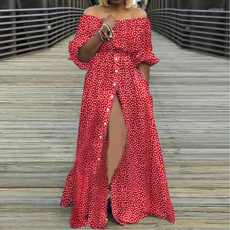 

Party Dresses Women Elegant Fashion Dot Print Long Dress Casual Short Sleeve Off Shoulder Corset Button Loose Boho Floor Length, Red